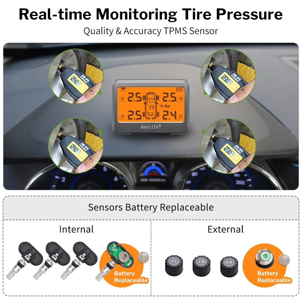 Deelife-sistema de supervisión de presión de neumáticos de coche, TPMS Solar, con batería de neumático de 4 ruedas, sensores externos internos reemplazables, TMPS