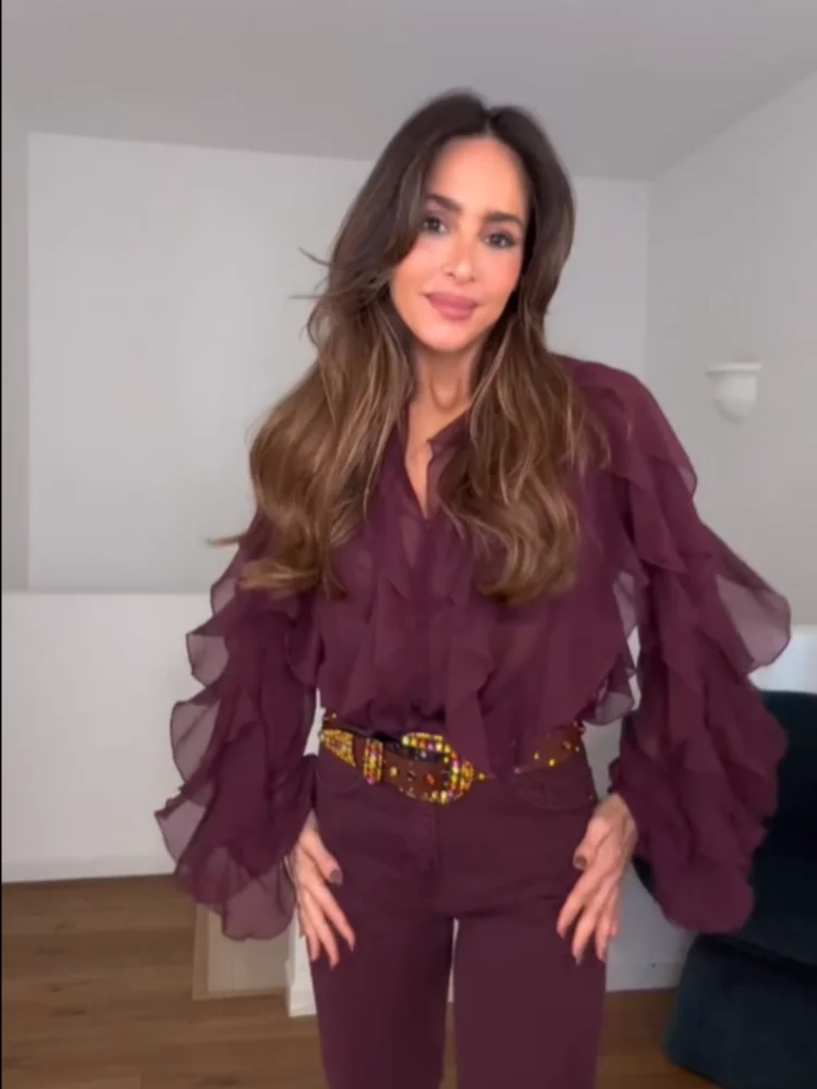 แฟชั่นผู้หญิง Multi Layered Ruffled เสื้อเซ็กซี่ดูผ่าน V คอยาวแขนยาวเสื้อยืดฤดูใบไม้ผลิ Lady Tops