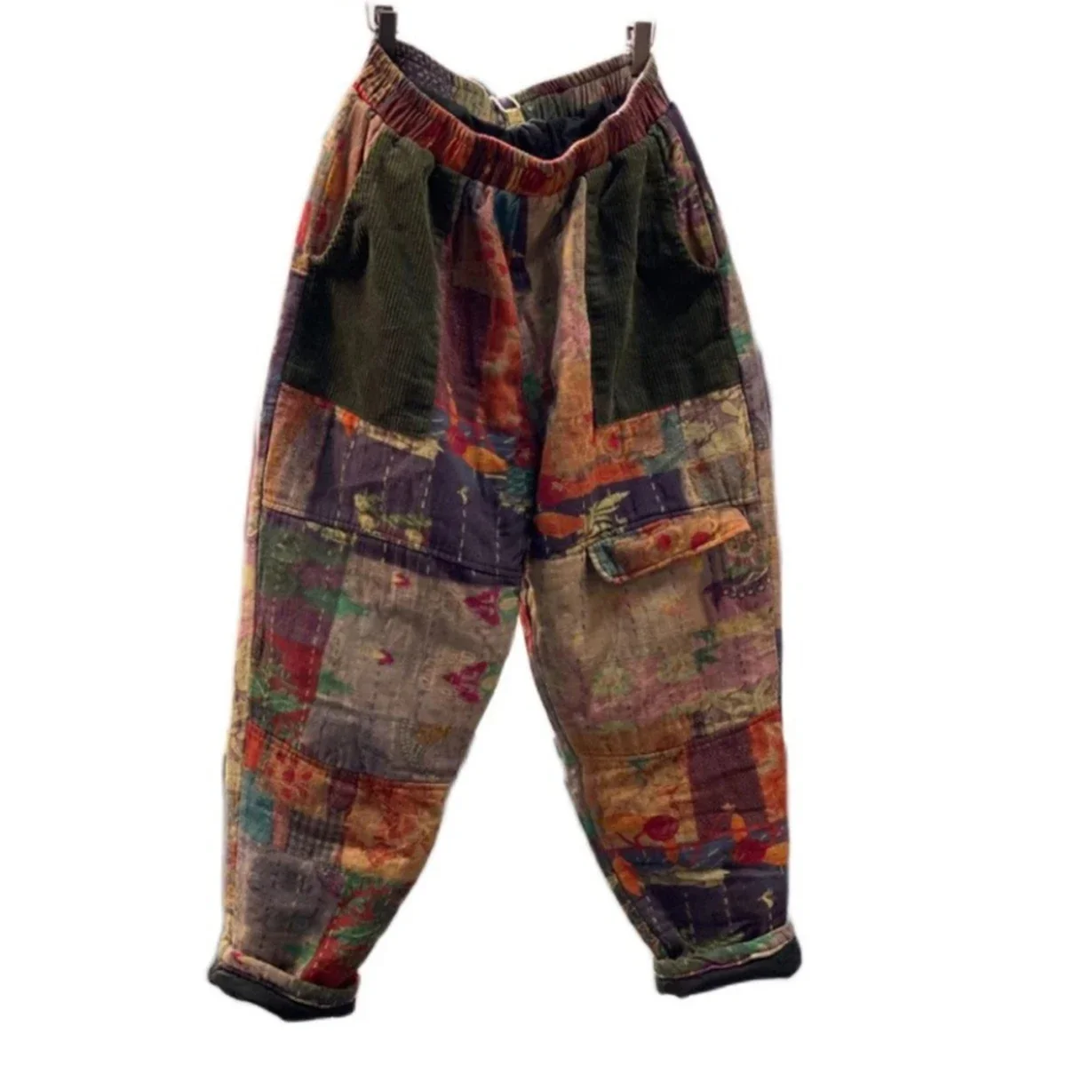 Pantalones Harem cálidos acolchados de algodón con estampado de almazuela de moda de estilo étnico para mujer, pantalones combinables con múltiples bolsillos y cintura elástica Vintage
