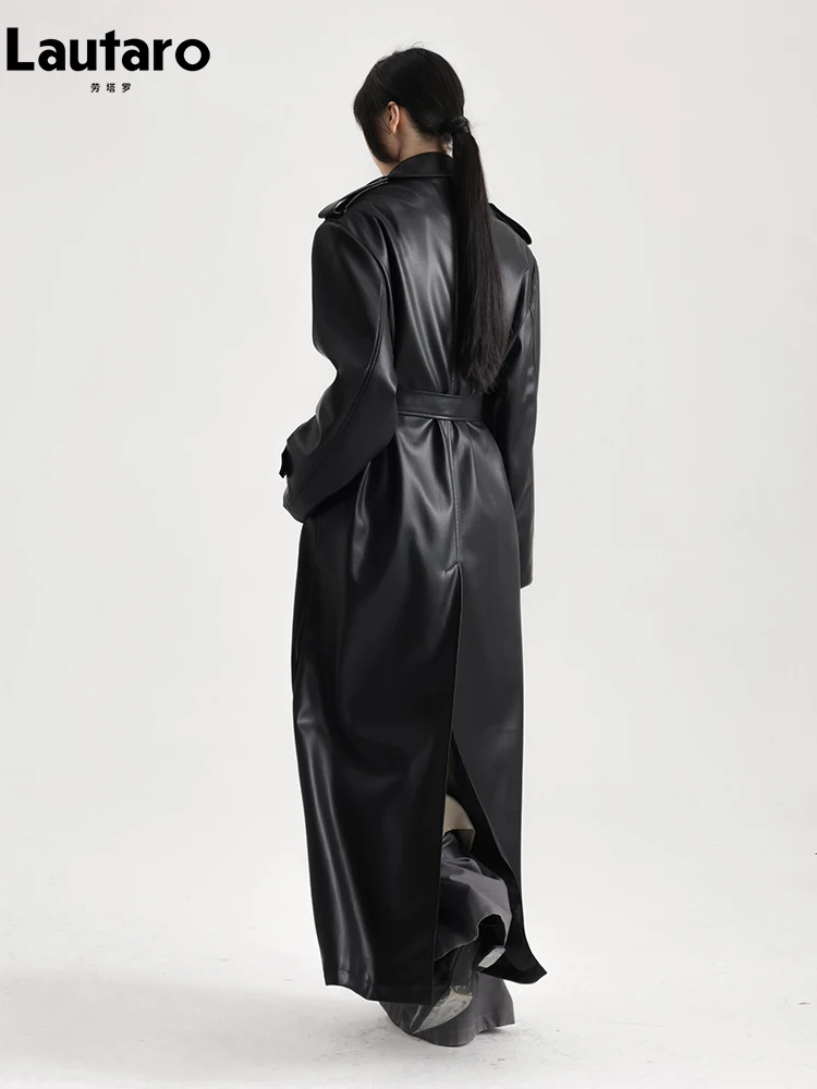 Lautaro-gabardina extralarga de cuero Pu para mujer, abrigo negro suave con doble botonadura, holgado, informal, moda coreana, primavera y otoño, 2024