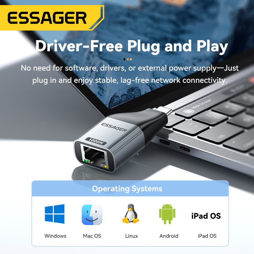 Essager Adapter typu C na Ethernet 100/1000 mb/s Gigabitowy szybki adapter RJ45 na typ c do MacBooka Laptop przewodowa karta sieciowa
