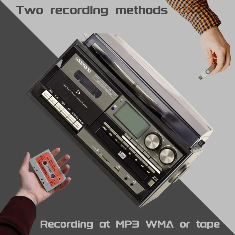 Vinyl Record Player 10 in 1 3 Speed Bluetooth Vintage Turntable CD Cassette Player AM
