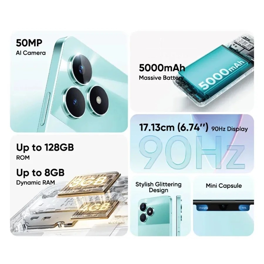 Realme c51 6.74 ''90hz display 50mp ai câmera 33w supervooc carga 5000mah bateria 6gb + 256gb poderoso smartphone octa-core