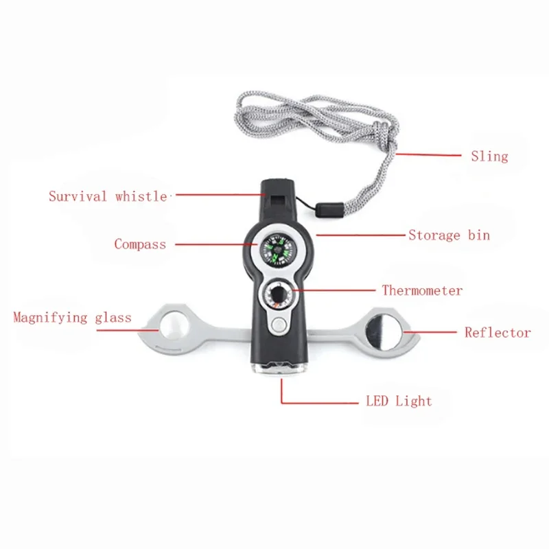 Sifflet multifonctionnel 7 en 1, boussole d'extérieur, thermomètre, lumière LED, lampe de poche de survie, loupe à miroir inversé
