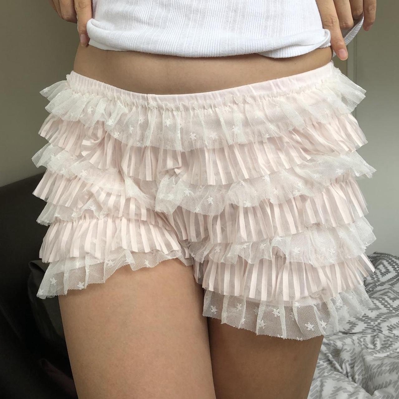 Coquette Multi-Camadas babados Bloomers para mulheres, fada 00s retro, kawaii, vintage, estilo japonês, renda babado, shorts, fantasia mais fofa, Y2K