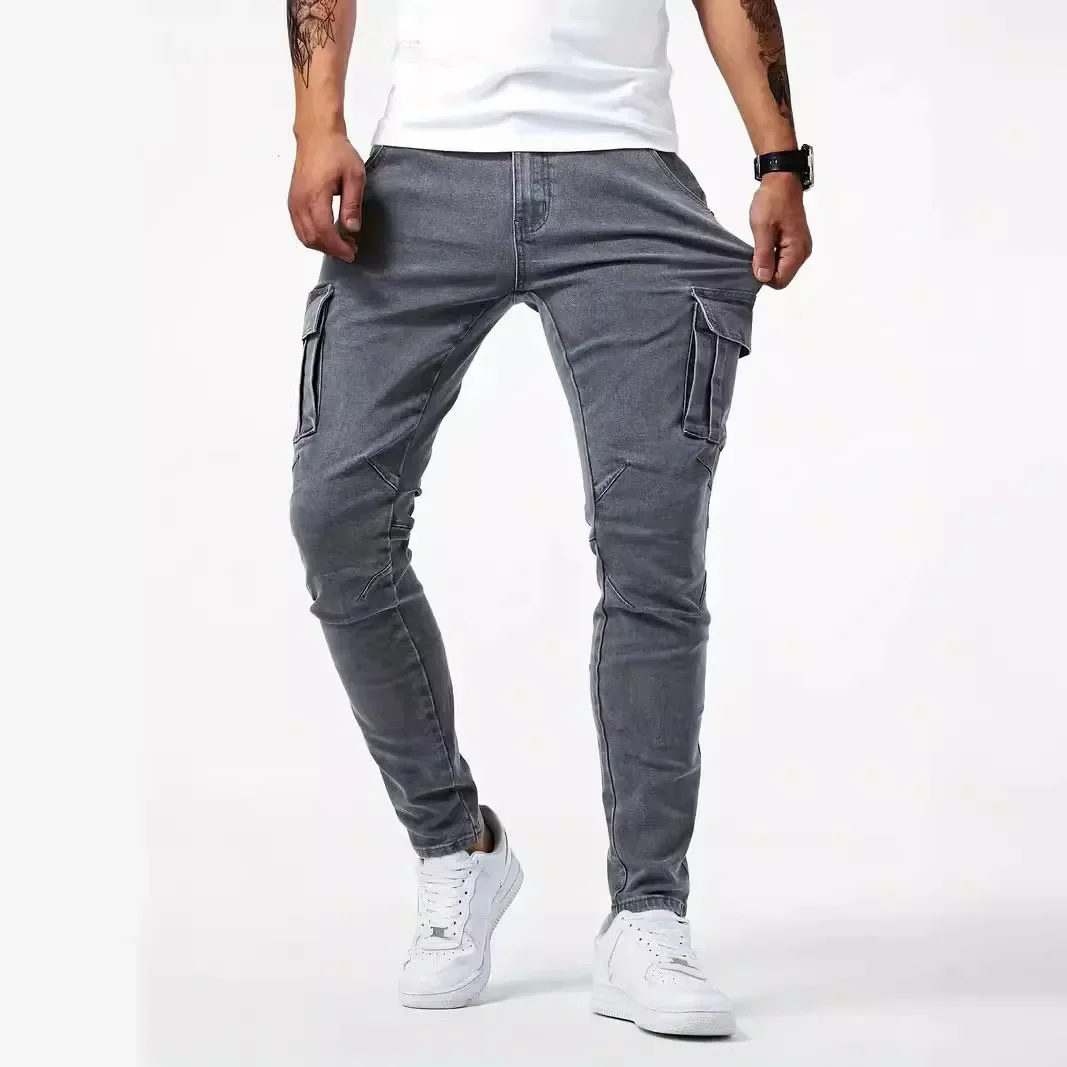 Novo jeans masculino bolso lateral jeans magros fino cor sólida cintura alta denim lápis calças verão
