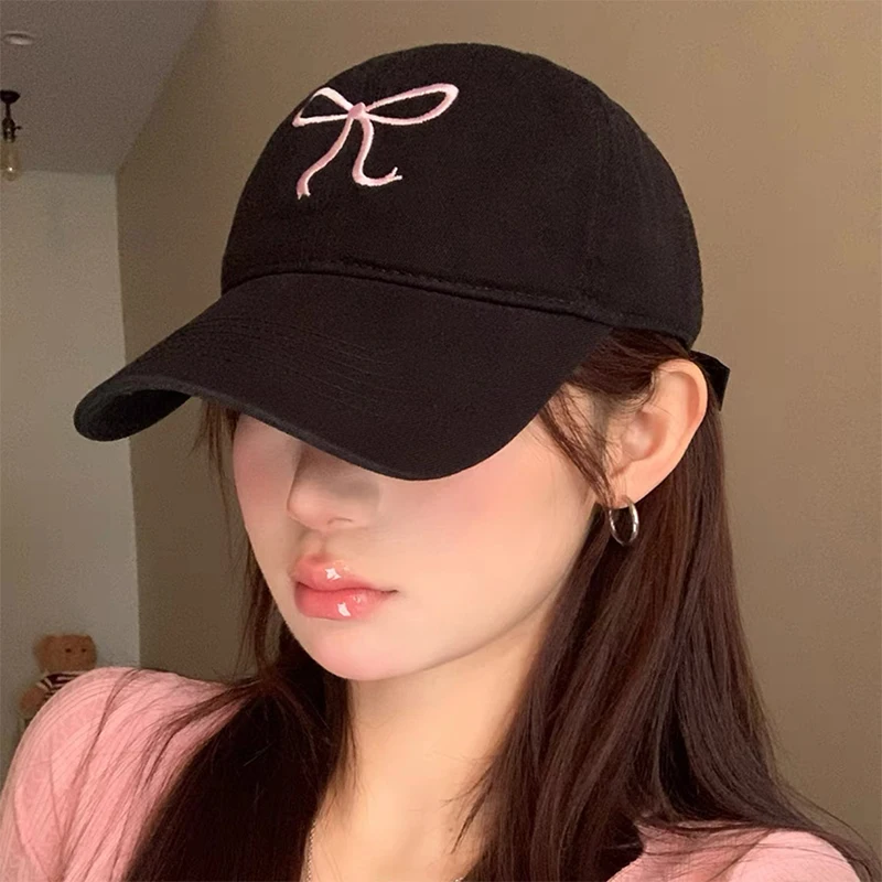 여성을위한 달콤한 Bowknot 자수 야구 모자 솔리드 컬러 한국 소녀 정점 모자 야외 부드러운 코튼 스냅 백 썬 바이저 모자