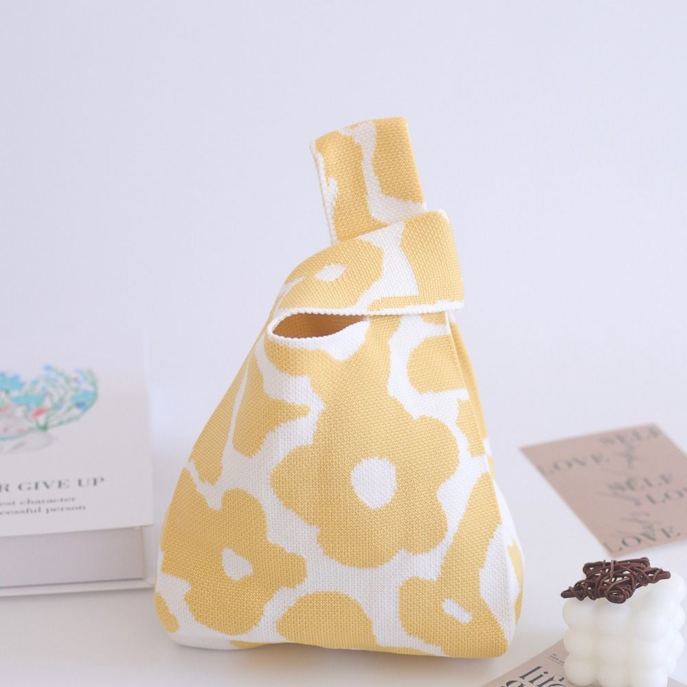 Bolsa de pulso tricotada para mulheres, bolsa casual de ombro, sacolas femininas reutilizáveis, bolsa tecida, flor