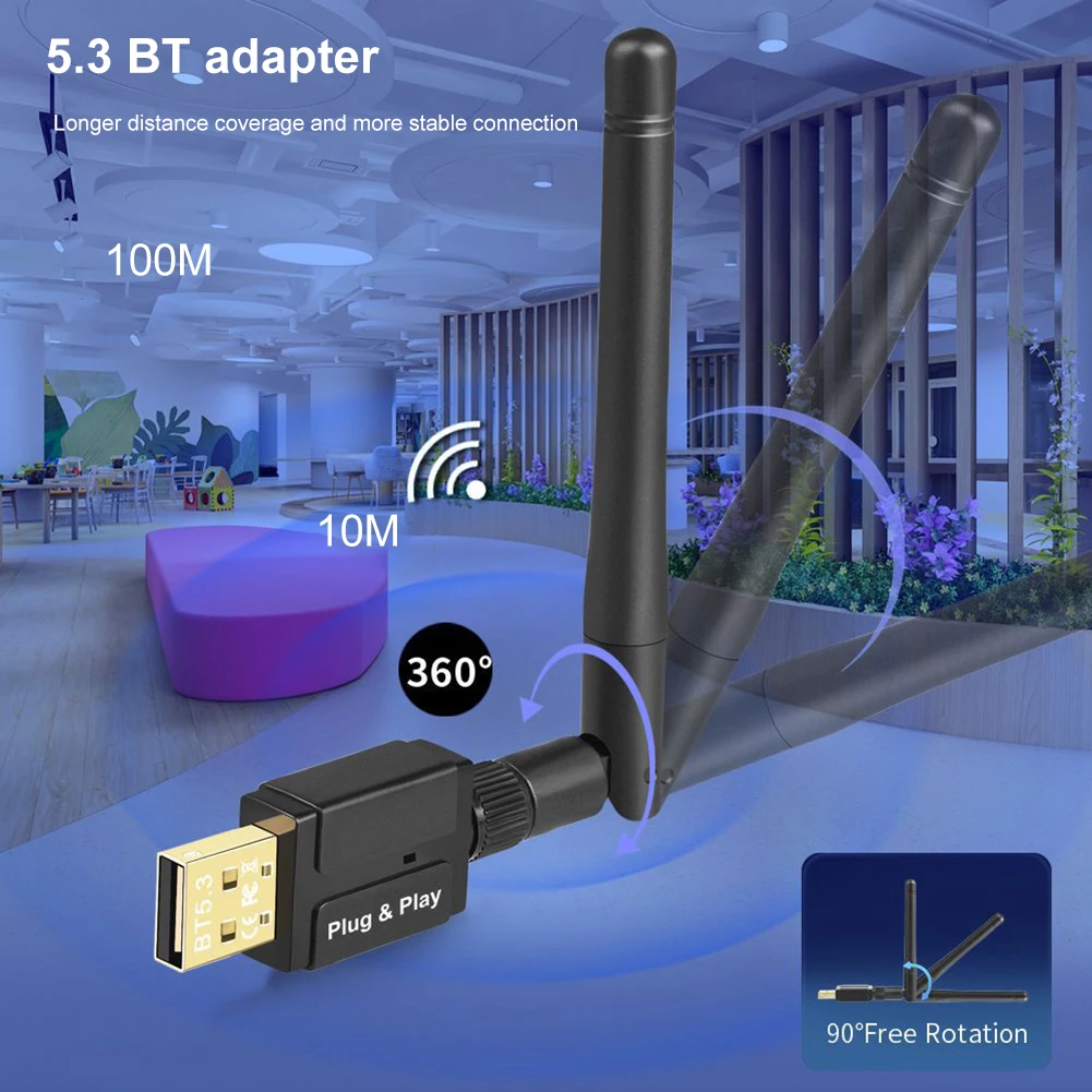 USB Bluetooth 5.3 Adapter for PC Speaker Mouse Music Audio Receiver Transmitter Bluetooth Dongle for Win 10 11 Rotatable Antenna