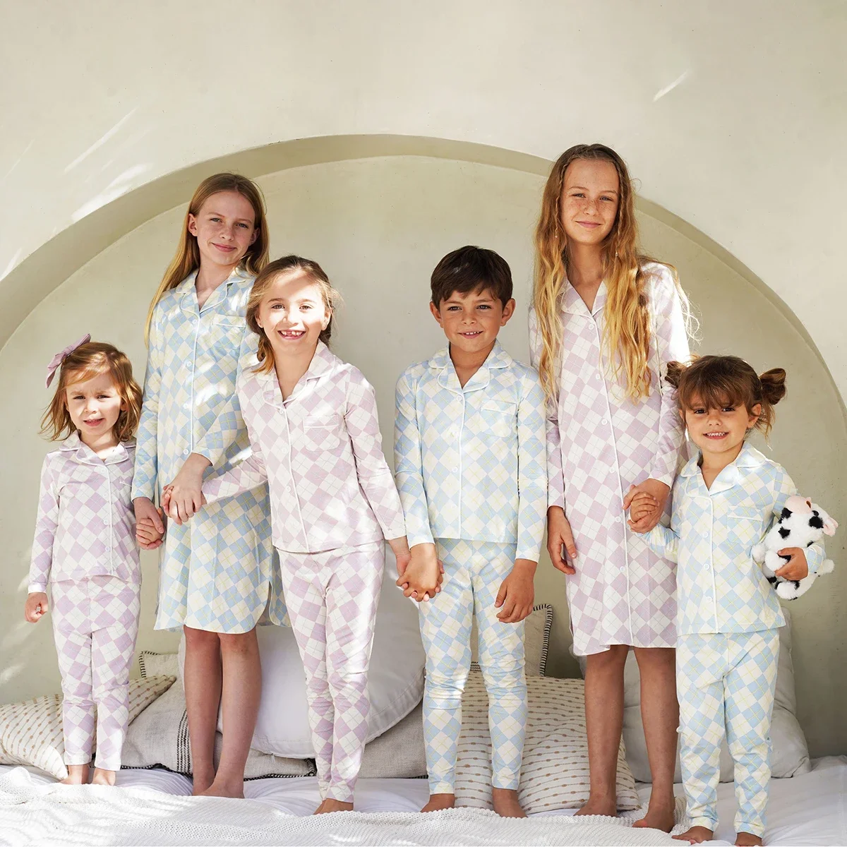 AP 2025 spring summer argyle plaid soft dress set footie pjs family matching clothing