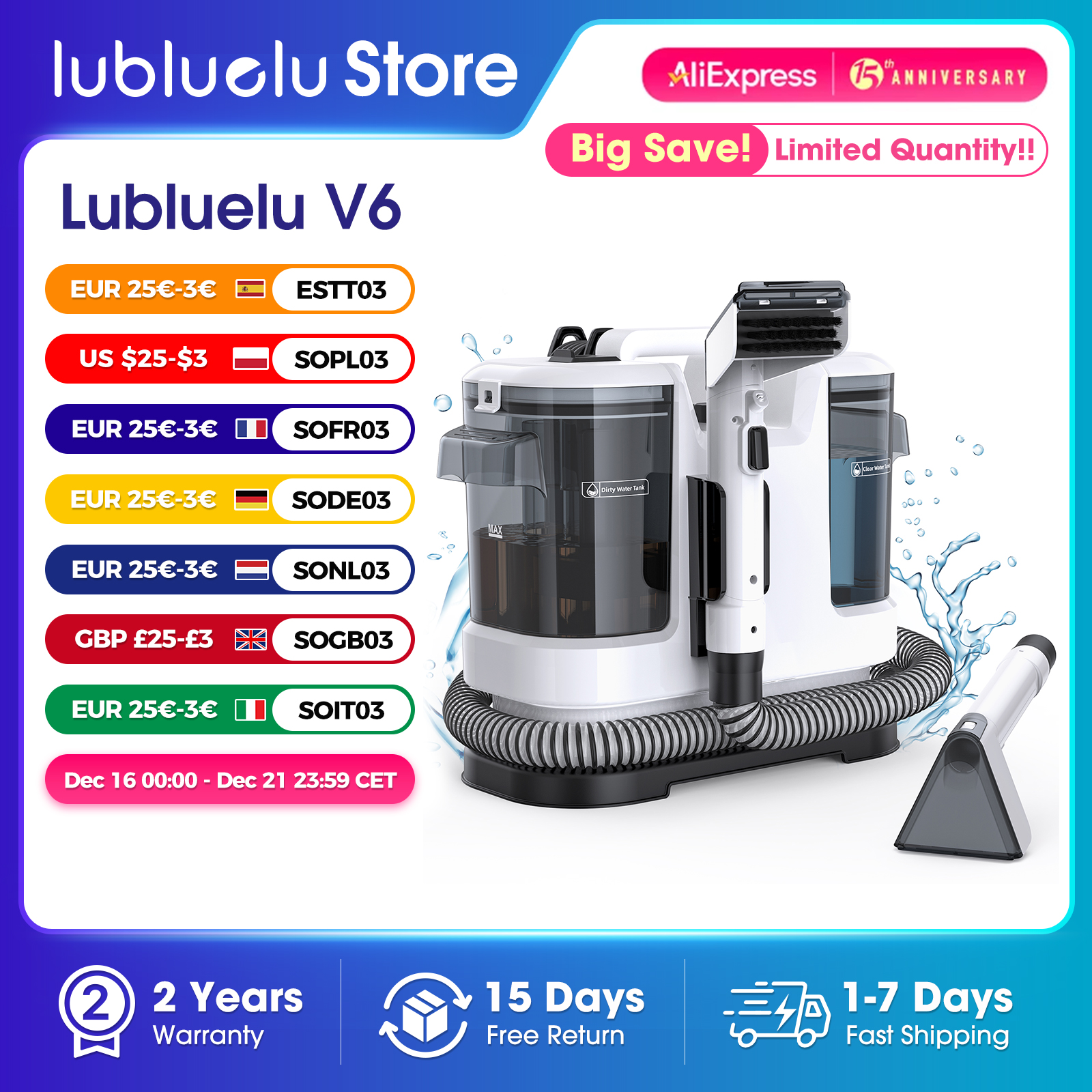 Powerful Carpet Cleaner Lubluelu V6  w/ 1.75L Dual Tanks, 5M Cord 1.7M Hose - Deep Clean Sofa Mattress Car Seat Pet Stains