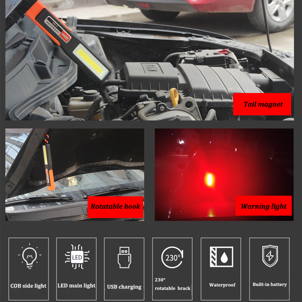 Lampe de travail LED COB injuste, lampe de mécanicien de garage de voiture, lampe de poche aste USB, torche magnétique, lumière d'urgence, lumière iodée
