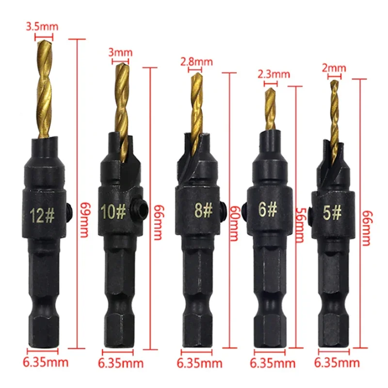 5pcs Woodworking Hole Opener Set HSS with 1/4 Inch Hexagonal Countersink Drill Bit Taper Hole Drilling Reaming Chamfering Tools