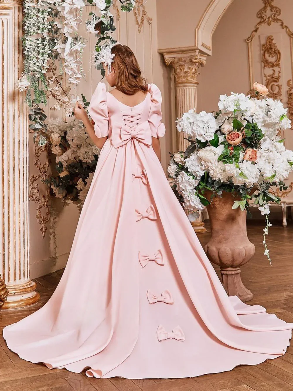 Blumenmädchenkleid aus Satin, rosa, A-Linie, halbe Ärmel, bodenlang, Kindergeburtstag, Partykleid, Erstkommunion, Ballkleid