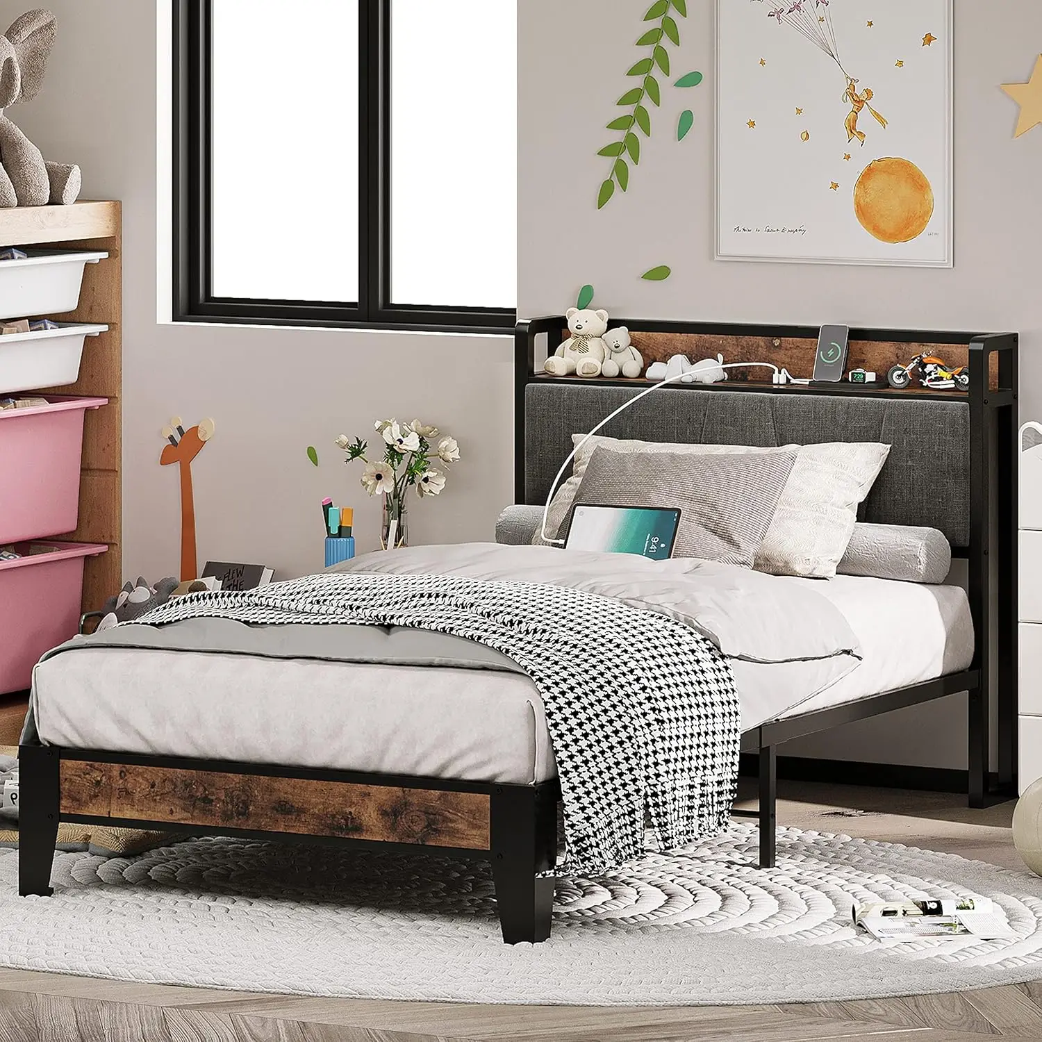 Twin Bed Frames, Storage Headboard with Charging Station, Solid and Stable, Noise Free, No Box Spring Needed, Easy