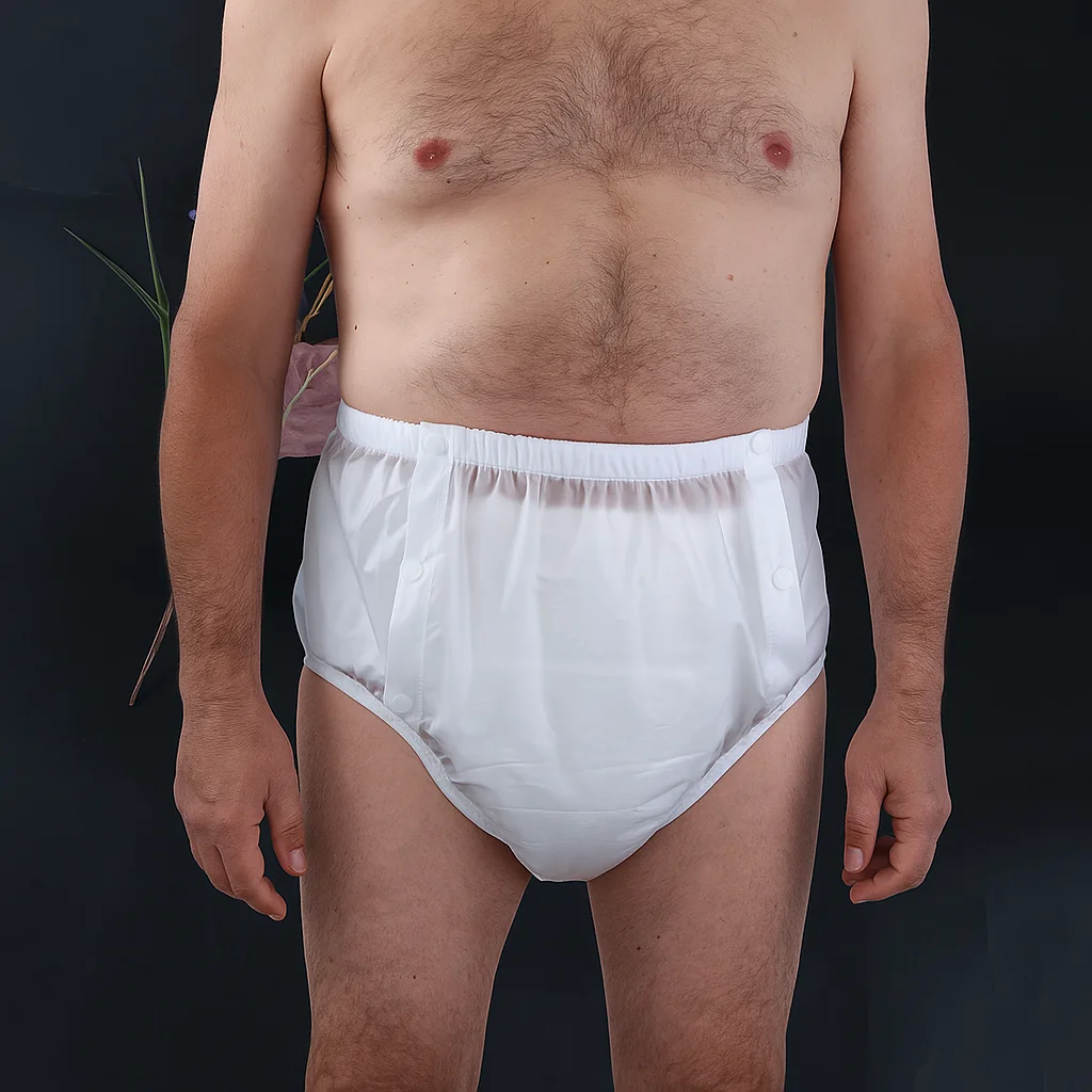 Novo design com botão de pressão lateral, fralda transparente para adultos, reutilizável, lavável, à prova d'água, roupa íntima silenciosa, uso externo/interno