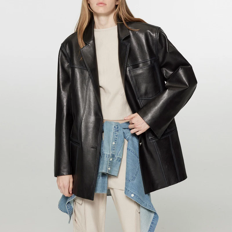 Echt leder Anzug Jacke Damen erste Schicht Schaffell Jacke 2024 Herbst Vintage Schwarz/Kaffee weibliche lose Taschen Leder mäntel
