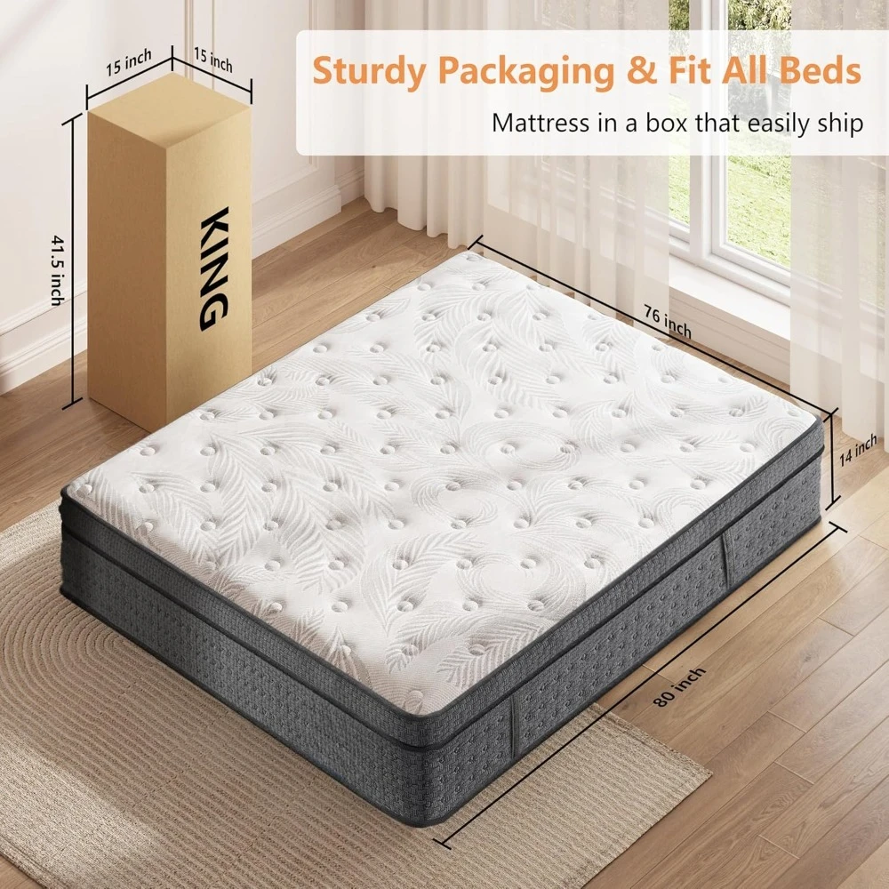 Mattress 14 inch, Medium Firm Hybrid Mattresses with Cooling Gel Memory Foam, King Mattress in a Box, Independent Spring
