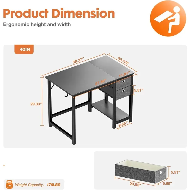 Small Computer Desk, 40X24 Inch Office Writing Work Study Gaming PC Table with 2-Tier Drawers Storage Shelf, Side Headphone Hoo