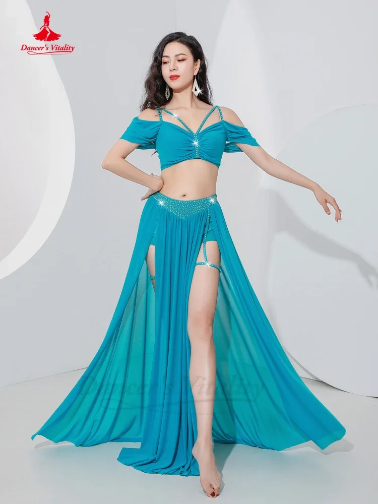 Abito professionale di danza del ventre per donna Top a maniche corte in rete + gonna lunga divisa sexy 2 pezzi Abito di danza del ventre orientale per ragazza
