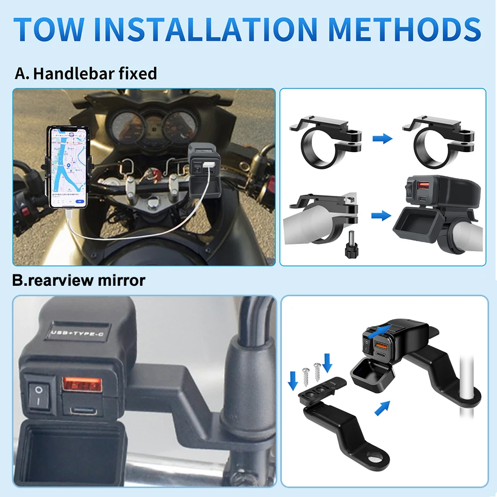 PD + QC3.0 รถจักรยานยนต์ USB Fast Charger 60W Handlebar Dual USB ซ็อกเก็ตพร้อมสวิตช์โวลต์มิเตอร์กันน้ํา 12V อะแดปเตอร์จ่ายไฟ