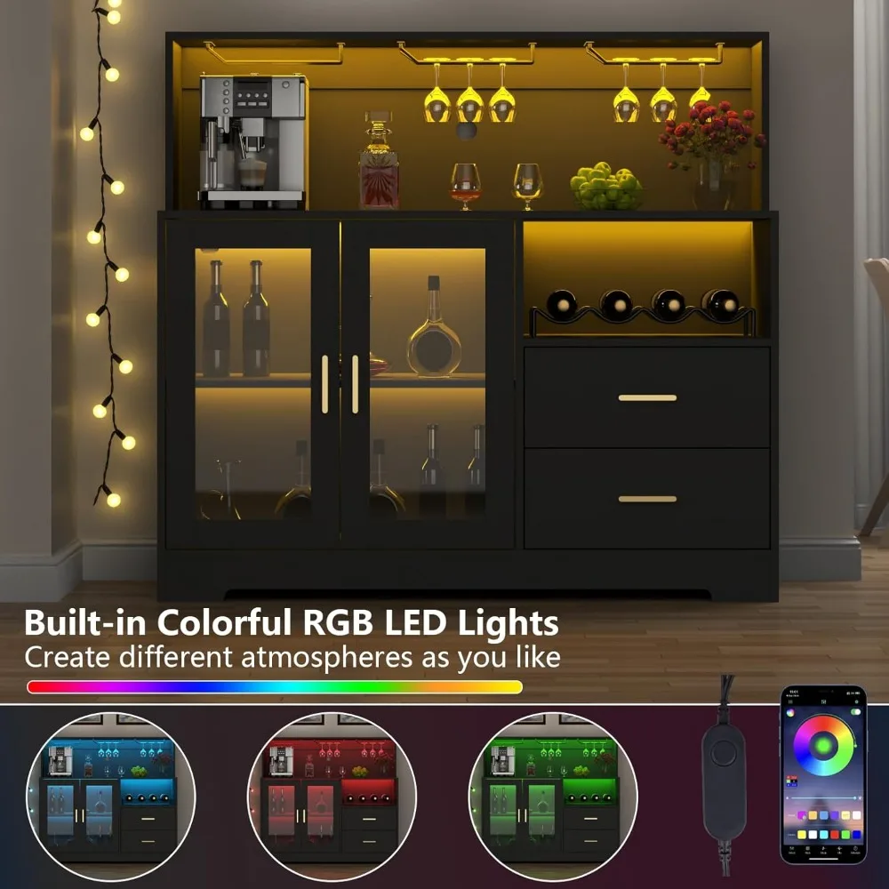 Wine Bar Cabinet with LED Light, Home Coffee Cabinet with Wine and Glass Rack, Kitchen Buffet Sideboard with Storage Cabinet&Dra