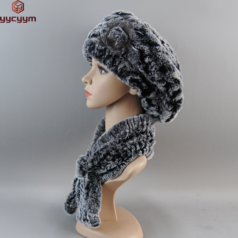 Mode Meisje Fur Cap Lady Winter Warm Real Rex Konijnenbont Muts Sjaal Pak Hoge Kwaliteit Luxe Vrouwen 100% Real bont Sjaal + Hoed Set