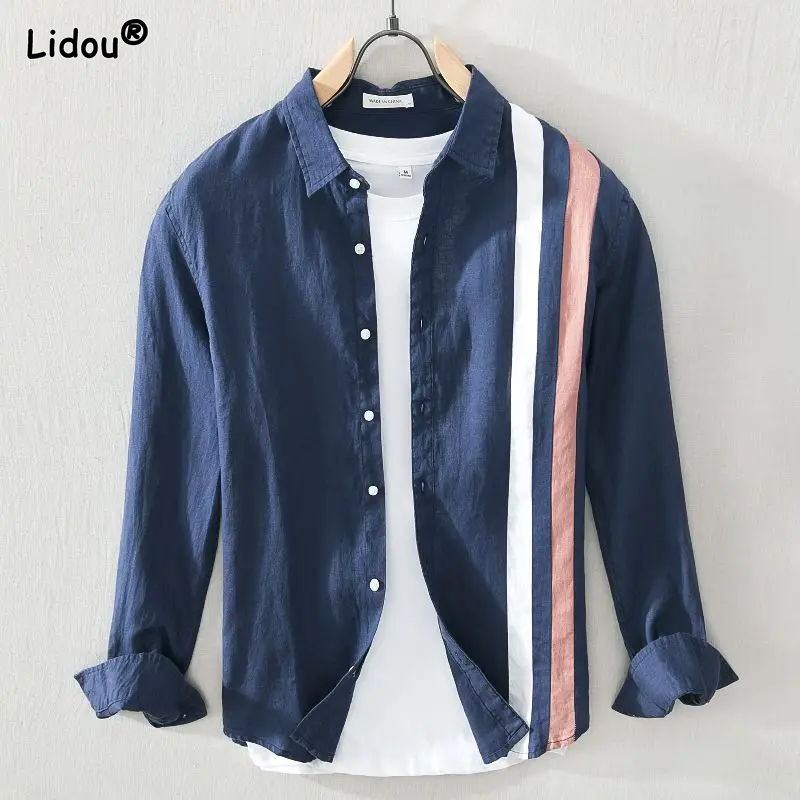 2024 Frühling und Herbst Herren Vierkant hals lose gespleißte Baumwolle und Hanf Kunst Freizeit mode elegante Pendel Langarmhemd