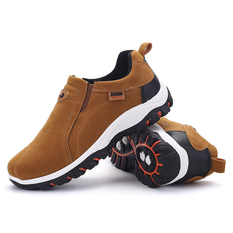 Nuevos zapatos de senderismo sin cordones para hombre, calzado de escalada de cuero PU, suela de goma suave ligera para exteriores, zapatillas para correr, senderismo y caminar