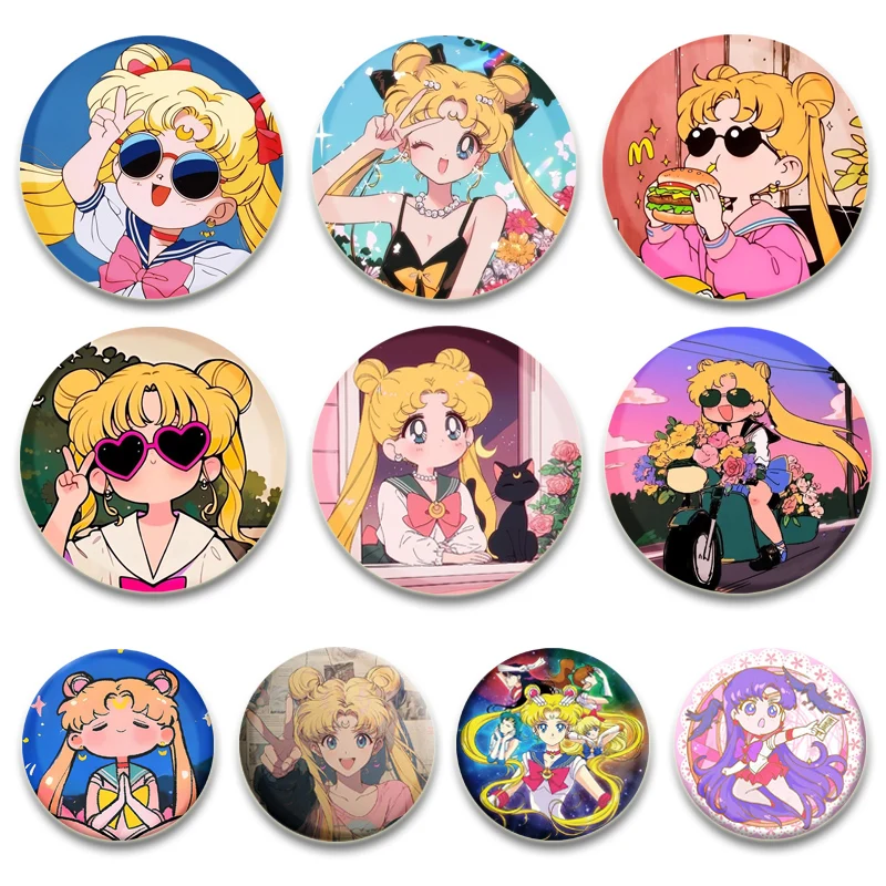 Anime Sailor Warrior bros Tsukino Usagi Chibiusa Ami Rei Makoto lencana kartun kerah bulat pin untuk ransel Aksesori Hadiah
