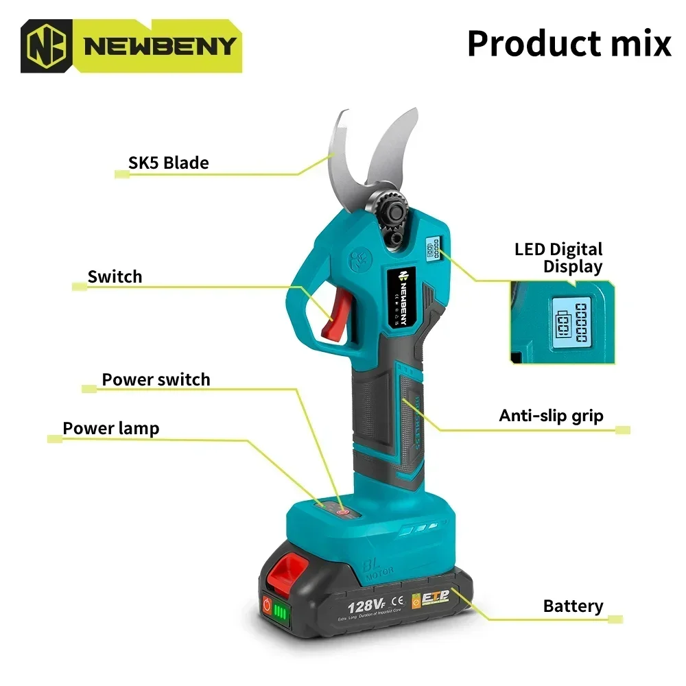 NEWBENY 30mm Brushless Electric Pruning Shears Cordless 4 Gears Fruit Tree Branches Scissors Power Tool For Makita 18V Battery