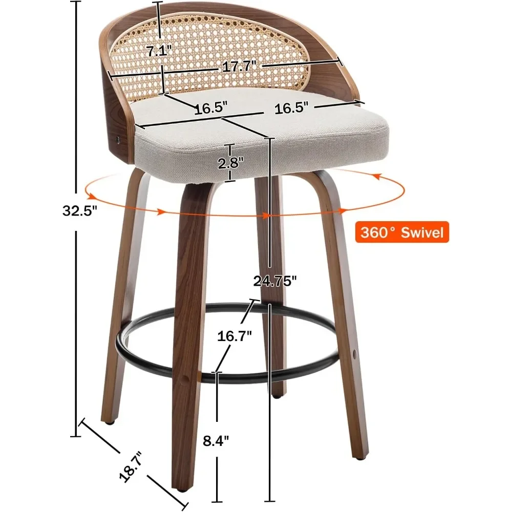 26" Swivel Rattan Bar Stools Set of 2,Mid-Century Modern Beige Linen Fabric Upholstered Counter Height Stools,Kitchen Island