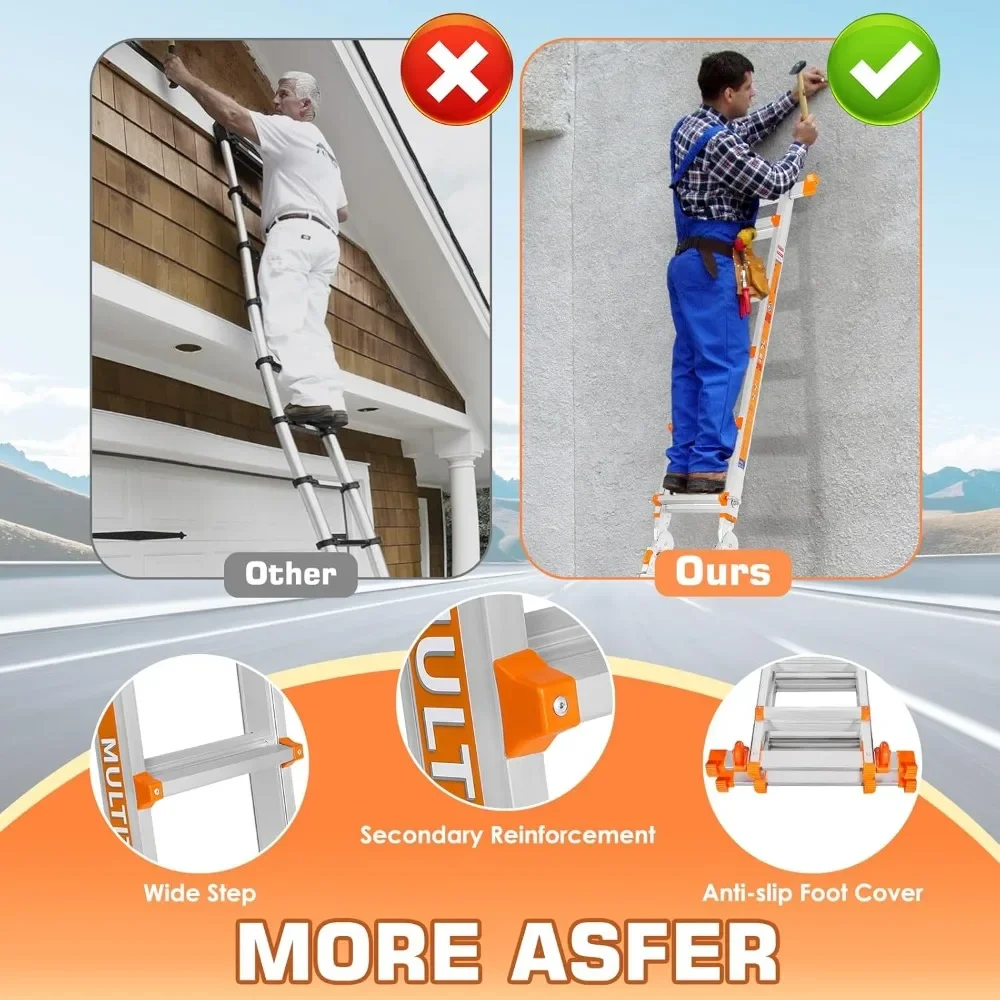 A Frame Step Ladder,Extension Ladder with Stabilizer Bar & Wheels,330 lbs Security Load Multi Position Ladder for Stairs Home