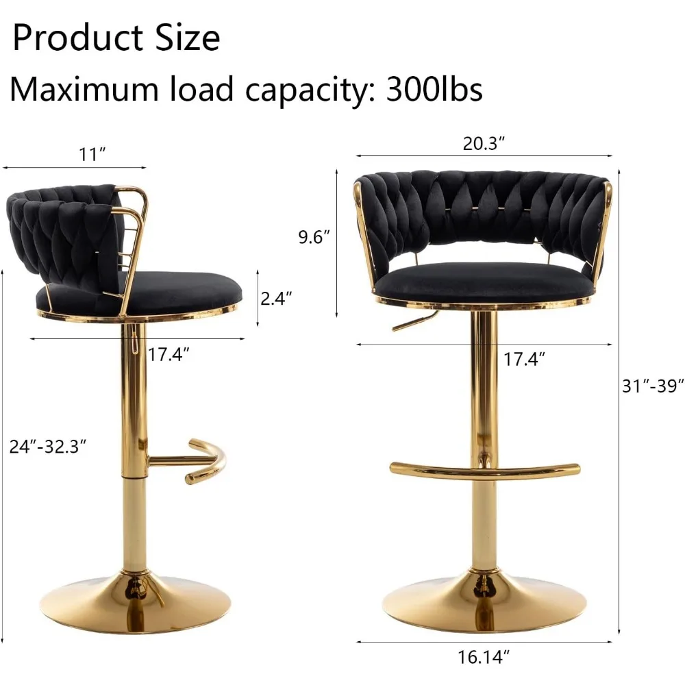 Velvet Bar Stools Set of 2, Counter Height Bar Stools with Low Back, Gold Swivel Bar Stool for Kitchen Island, Pub Stools
