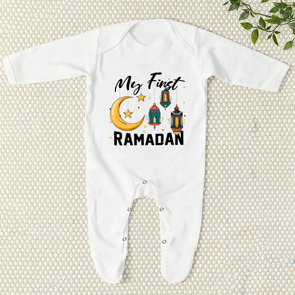 My First Eid/Ramadan Print Baby Sleepsuit Newborn Bodysuit Infant Long Sleeve Romper Ramadan Islamic Muslim Baby Keepsake Outfit