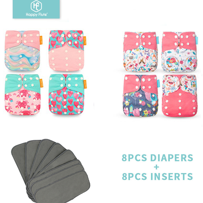 HappyFlute 8 fraldas + 8 inserções fraldas de pano para bebês tamanho único ajustável lavável fralda de pano reutilizável para bebês meninas e meninos