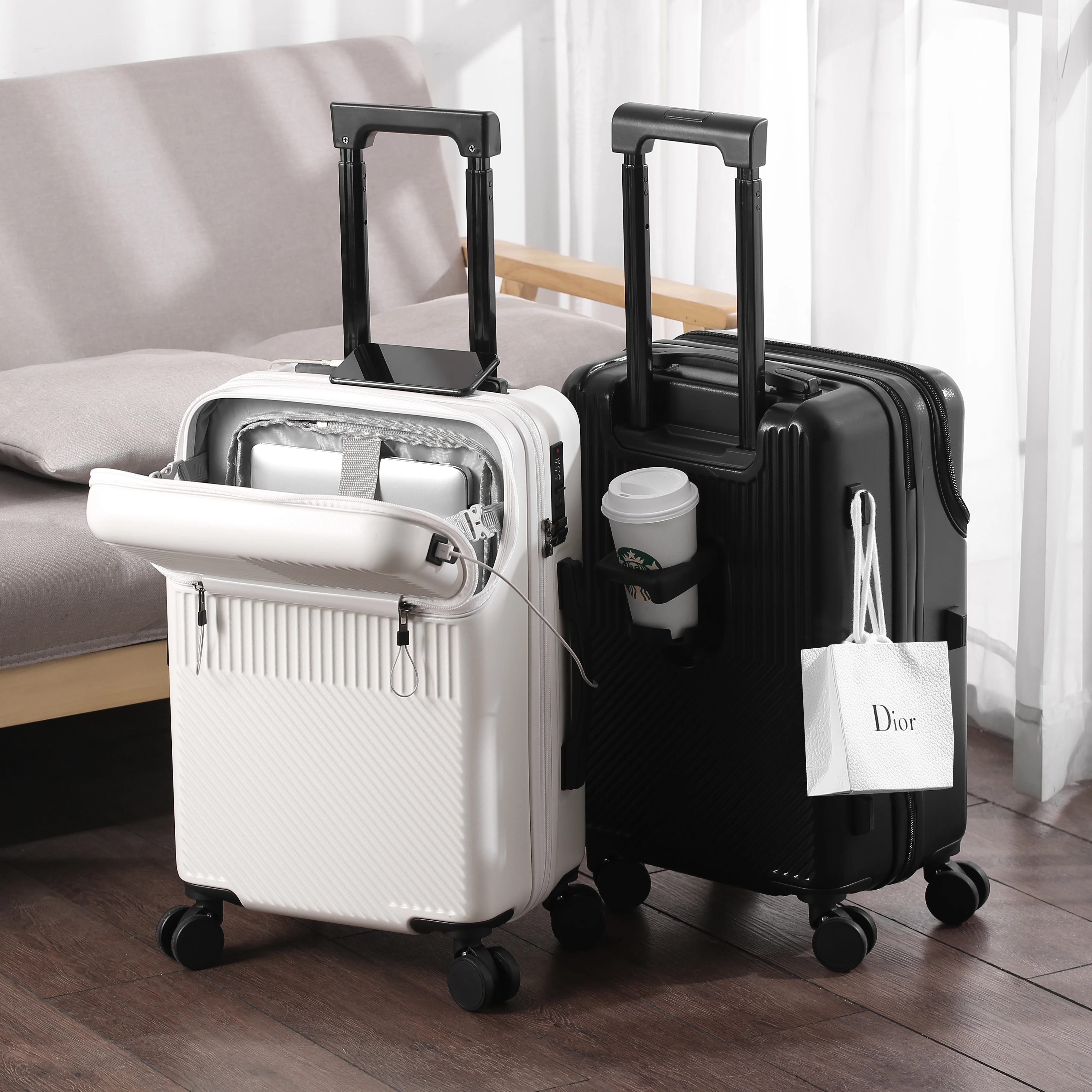 Koffer Gepäck Stilvoller Business-Koffer mit Getränkehalter Kompakter 20-Zoll-Handgepäck