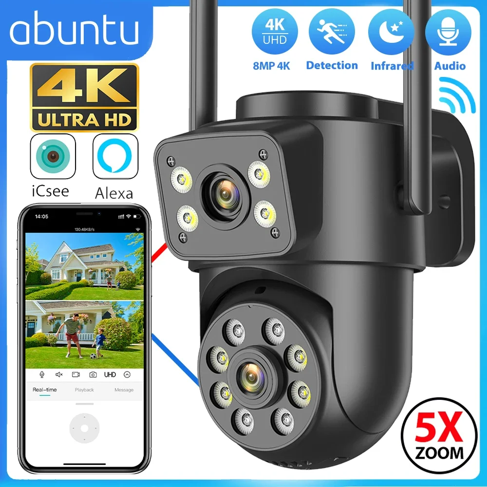 Cámara IP Wifi 4K de 8MP, lente Dual, pantallas duales, cámara de vigilancia en exterior, detección humana negra, visión nocturna, cámara de seguridad ICSEE