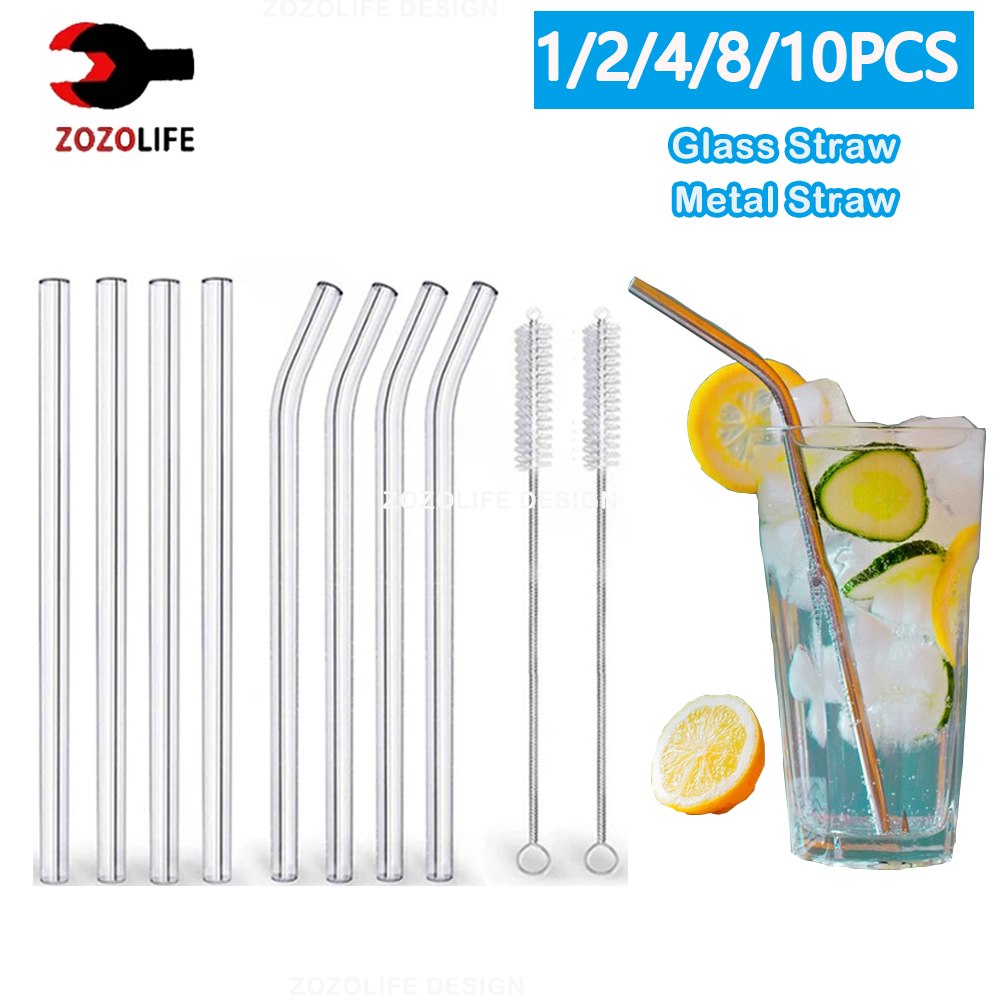 1-10Pcs Glass Ống Hút Sinh Thái Thân Thiện Tái Sử Dụng Uống Kim Loại Rơm Với Bàn Chải Smoothies Milkshake Cocktail Đảng Bar Phụ Kiện bán