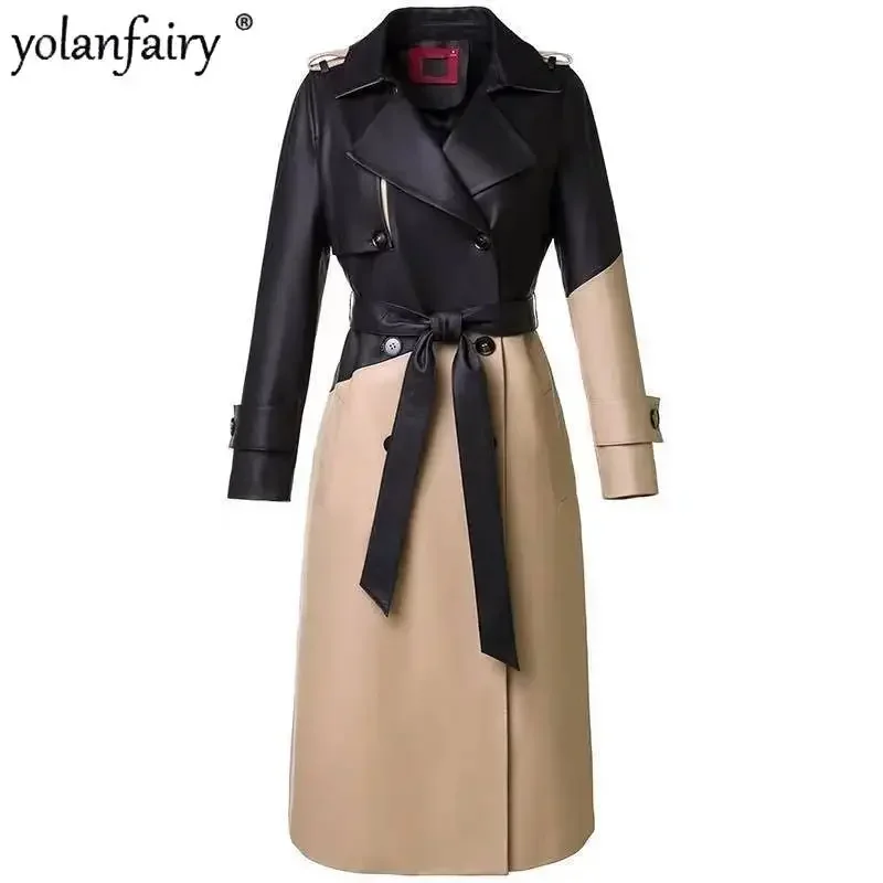 YOLANFAIRY frauen Aus Echtem Leder Jacke Herbst Kontrast Farbe Mid-länge Leder Mäntel Mode Gürtel Echt Schaffell Mantel Frau