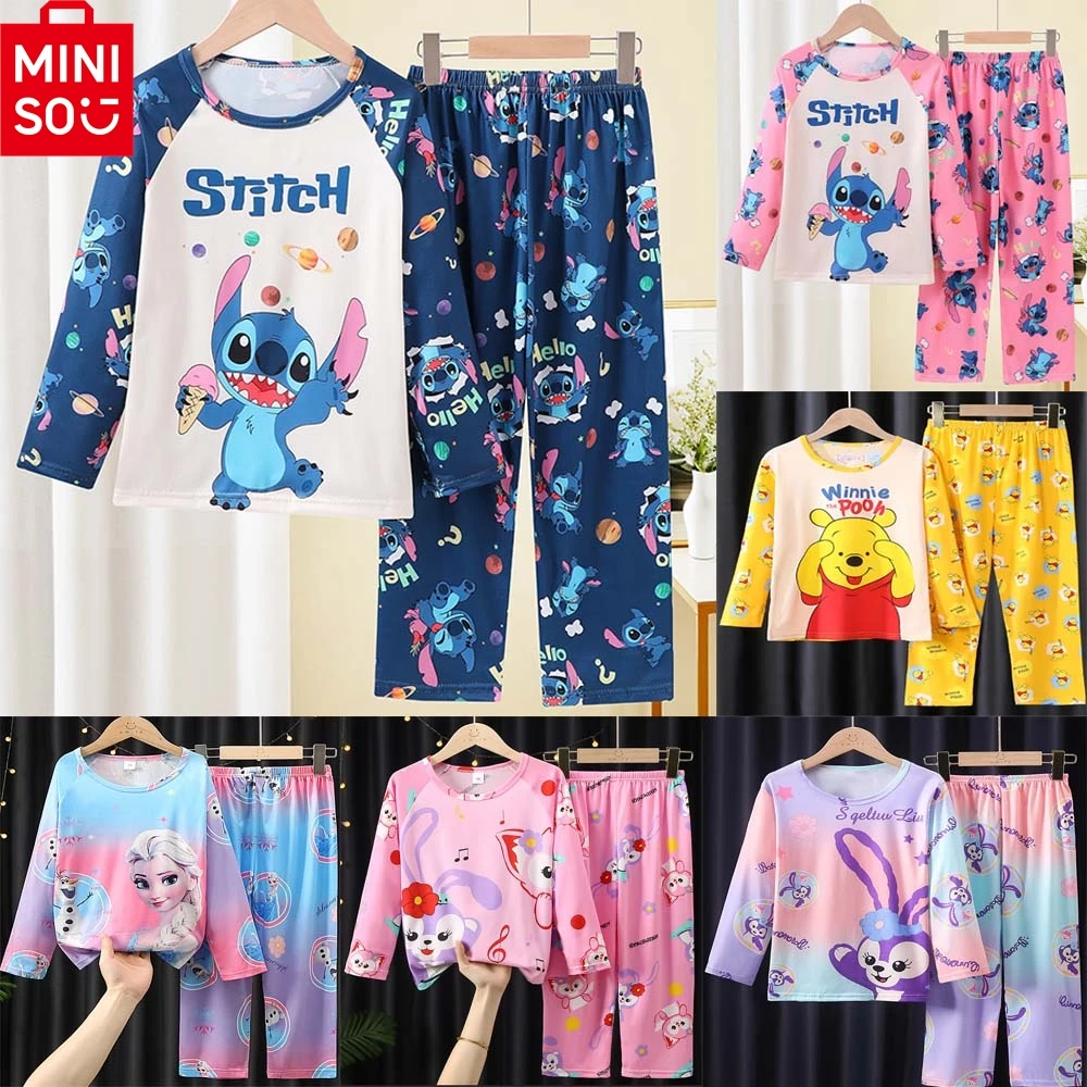 MINISO Disney ชุดนอนเด็กชุดนอนเด็กชายชุดแขนยาวเจ้าหญิงแช่แข็ง Elsa Winnie the Pooh เด็กเสื้อผ้าเด็กวัยหัดเดิน Pijamas