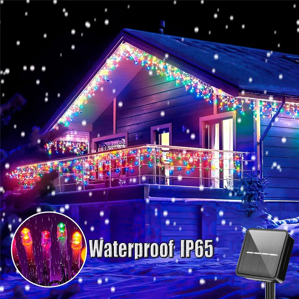 3.5M LED Solar Icicle String Lights Waterproof Eaves Decor Light Outdoor Curtain Icicle Light Patio Yard Garden Party Decoration