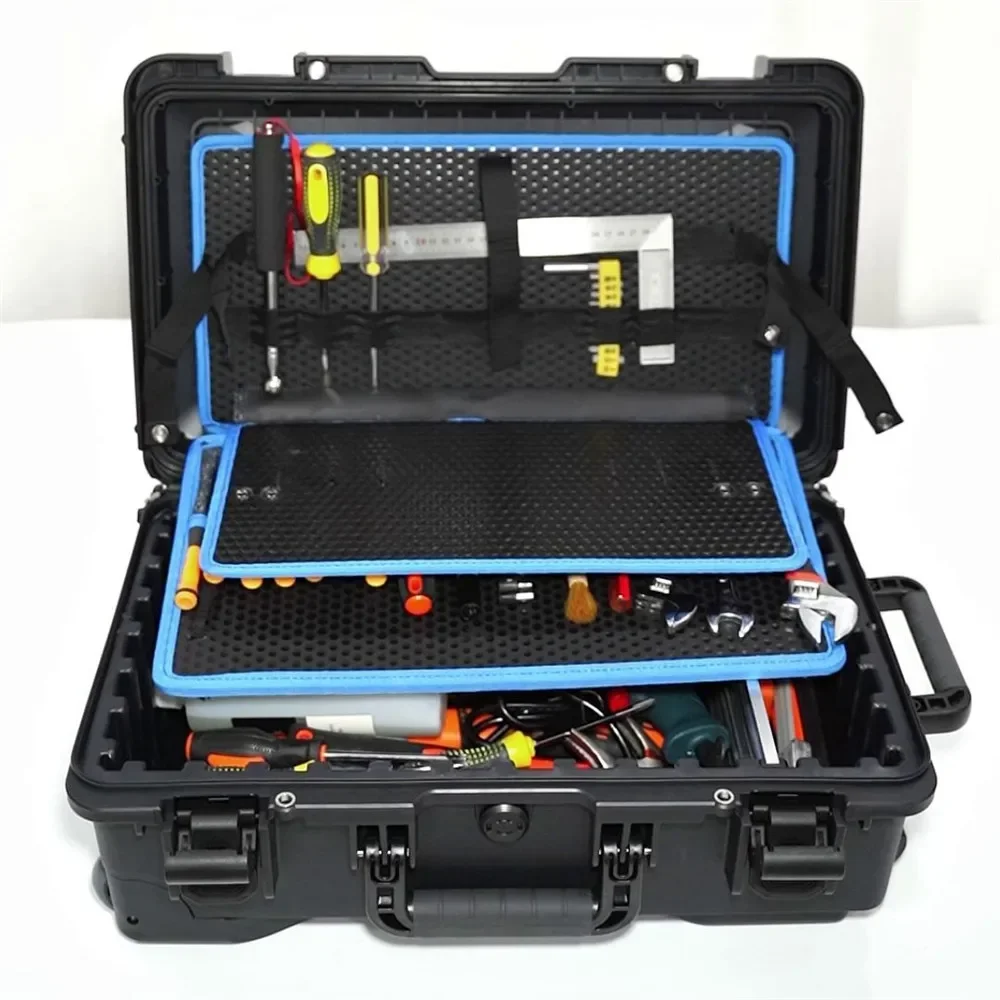 กล่องเครื่องมือกลางแจ้ง Hard Case พร้อมรถเข็นกระเป๋าบอร์ดล้อช่างไฟฟ้าเครื่องมือหน้าอก Organizer สว่านไฟฟ้าโรงรถ Storage