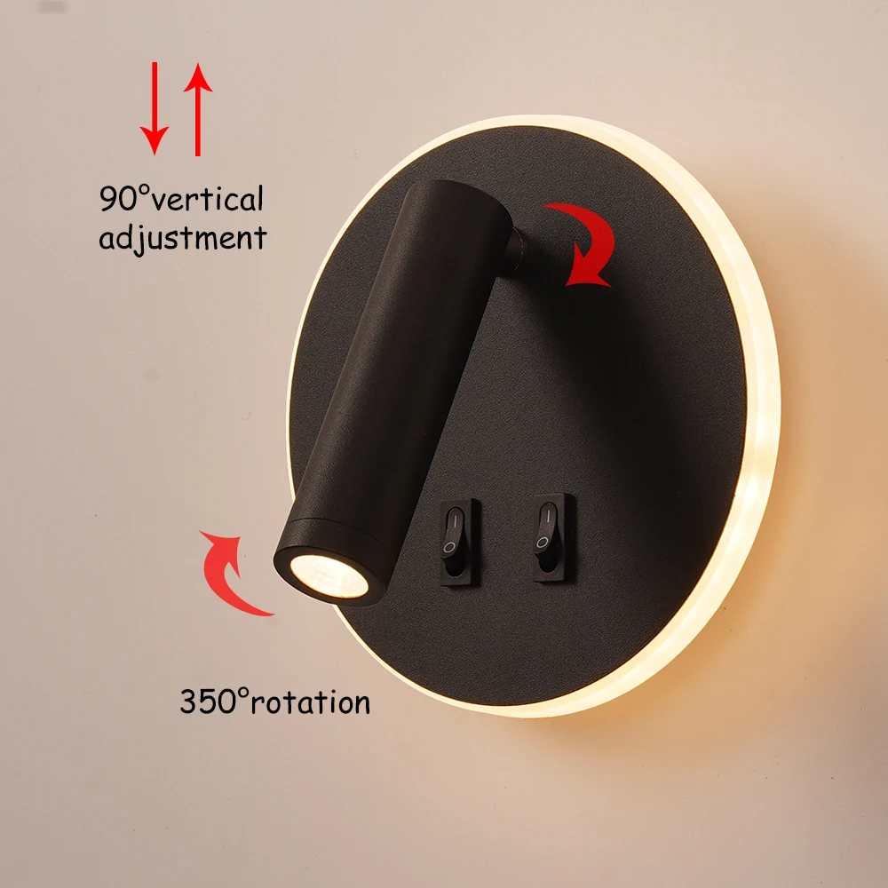 Luz de pared de 3W y 10W, retroiluminación, rotación de 350 grados, lámpara de pared ajustable, candelabro de lectura para estudio de cabecera de dormitorio de hotel con interruptor