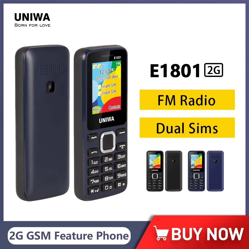 UNIWA E1801 Característica Teléfono con Pantalla de 1,77 Pulgadas Batería de 800mAh Doble SIM Radio FM Teléfono Celular para Hombre Elder Soporte Expansión TF