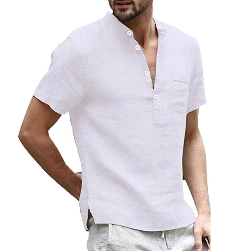 Novedad de verano, camisas informales de lino y algodón a la moda, camisetas transpirables de manga corta para hombre