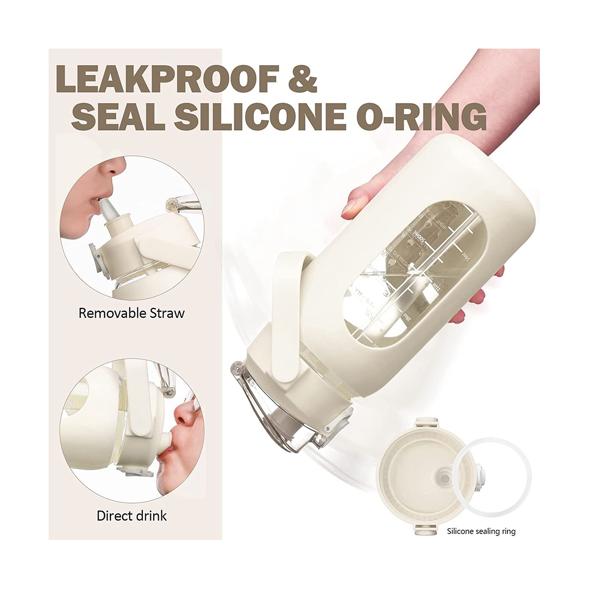 Garrafas de água de vidro com palha, Silicone Sleeve e Time Marker, adequado para ginásio, casa, escritório branco, 64oz