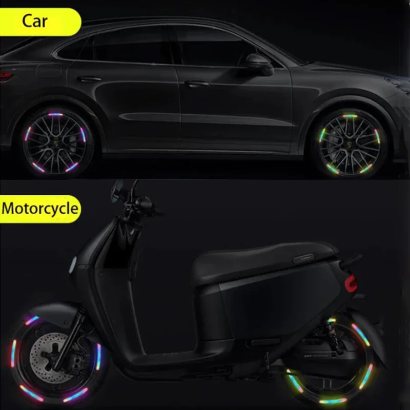 Adesivos de advertência reflexivos anti-colisão para motocicleta de carro, rodas de bicicleta, acessórios de decoração de carro a laser de sete cores