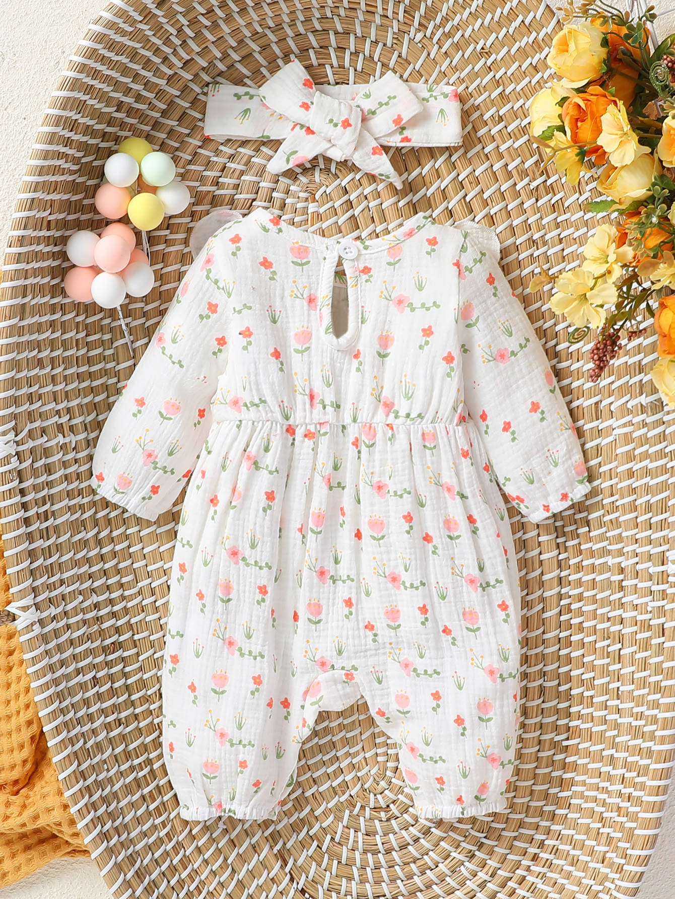 Tuta quotidiana da bambina per tutte le stagioni con stampa floreale a maniche lunghe con fiocco per vestiti da neonato-6 mesi + fascia per capelli