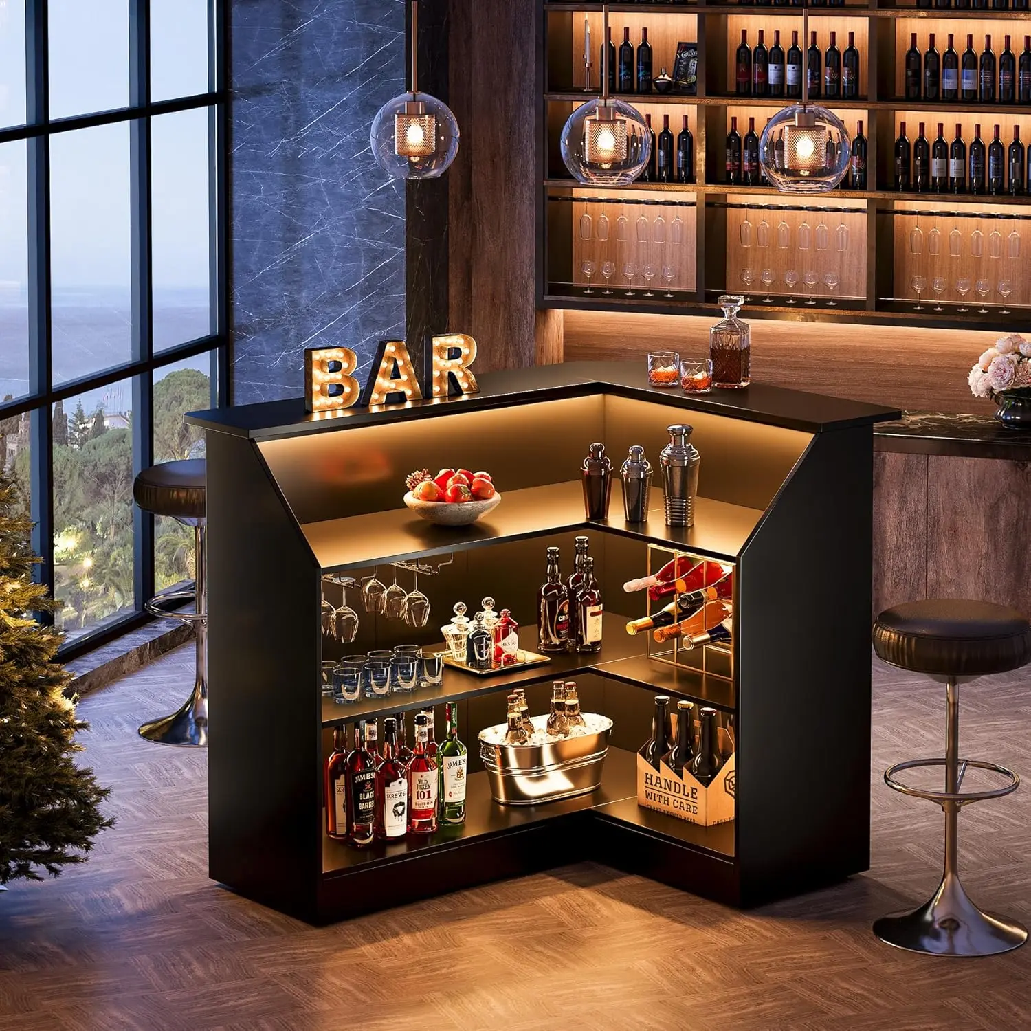 Bar Cabinet, L-Shaped Home Table with Stemware Racks, 4-Tier Corner Bar Unit Liquor Wine Bar Table Reception Desk for Home Pub